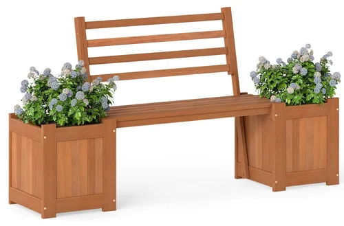 Gartenbank aus Holz mit Pflanzkübeln und Rückenlehne