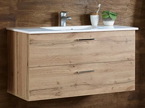 Waschtisch Bella I – Handwaschplatz mit Stauraum - Kompakter Waschtisch mit 2 geräumigen Schubkästen und Softclose-Funktion, ideal für kleine Bäder. Farbgebung in Wildeiche Nachbildung für eine gemütliche Atmosphäre.