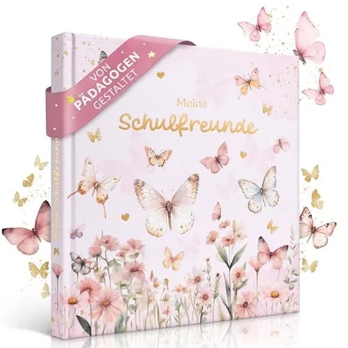 EULENTALER® Das Schulfreundebuch für Mädchen Schmetterlinge I Von Pädagogen gestaltet I Handgemalte Schmetterlinge & Blumen I Geschenk zur Einschulung I Goldprägung I Freundebuch Grundschule