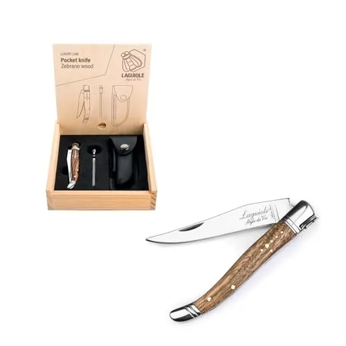 Laguiole Style de Vie Taschenmesser mit Wetzstahl & Ledertasche, Zebranoholz, mit Geschenkbox