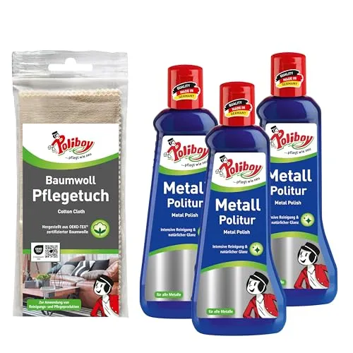 POLIBOY Metall Politur – Poliermittel für glänzende Metalle – Metallpflegemittel mit Anlaufschutz - 3x 200 ml - Mit Baumwolltuch - Made in Germany
