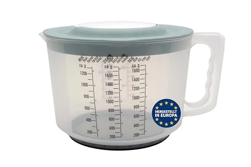 mucHome 3in1 Messbecher 2L Rührbecher mit Spritzschutz, Verschlussdeckel und Ausgießer - Rührschüssel aus Kunststoff mit gummierter Boden zum Kochen und Backen - Qualitätsprodukt aus Europa (Grün)