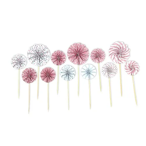 Frau WunderVoll® 12 Kuchentopper Deko Rosetten rosa/Topper, Kuchenstecker, Muffin, Geburtstagskuchen,Papierfächer, Kinder, Party, Hochzeit, Hochzeitstorte, Geburtstag, Candybar Silvester