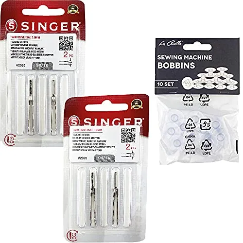 Packung mit 4 Doppelnadeln für Singer Nähmaschinen 2025, Stärke 80/12 und 90/14, 3 mm, Universal, 130/705 H (einseitig flacher Absatz), Twin Needles