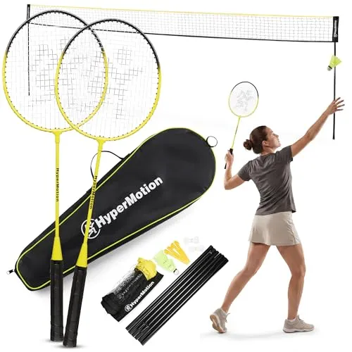 HyperMotion Badminton Set mit 2 Schlägern, 3 Federbällen und Netz