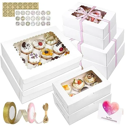 TAVADA 18 Stück Cupcake Box,Cupcake Muffin Box mit Fenster,Cupcake-Box Muffin Box,mit Seil und Stickern,Grußkarte,Ideal für Kuchen Dekorieren und Cupcake Transportbox(White)