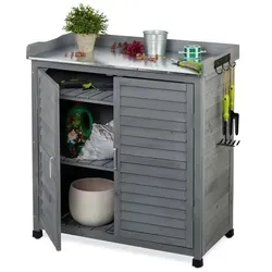 Relaxdays Pflanztisch mit Unterschrank - Pflanztisch für rückenschonendes Umtopfen, mit Unterschrank und 3 Haken für Stauraum. Pflegeleichte Zinn-Arbeitsplatte, ideal für Garten, Gewächshaus oder Balkon. Maße: 92 x 90 x 45 cm.
