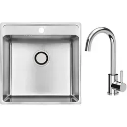 VBChome Einbauspüle Edelstahl 49x48x21 cm – Gebürsteter Stahl mit Hahnloch | Küchenspüle Großes Becken mit Siphon & Armatur Chrom | Modernes... - Silber