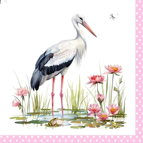 ti-flair Servietten Papier 33x33cm 3-lagig 20 Stück - hochwertig & nachhaltig - Einweg Geburtstagsservietten - Papierservietten für Taufe Geburt Gastronomie Alltag - Storch & Naturmotiv Weiß Hellrosa