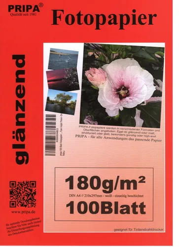 Blatt PRIPA Fotopapier DIN A4 (ca. 210-297mm) 180g/m² glossy/glänzend 100