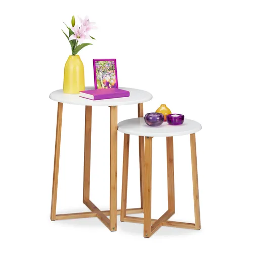 Runde Satztische Beistelltisch Set aus MDF - Elegante Beistelltische aus Bambus, leicht und vielseitig einsetzbar, ideal für Wohnzimmer oder als dekorativer Akzent.