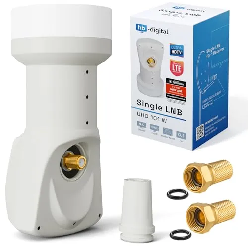 hb-digital Single LNB - Test SEHR GUT* - für 1 Teilnehmer LTE Filter 1-Fach Full HD 4K 0.1dB mit Wetterschutz + 2X F-Stecker für TV Fernseher SAT Receiver Satellitenschüssel - Weiss