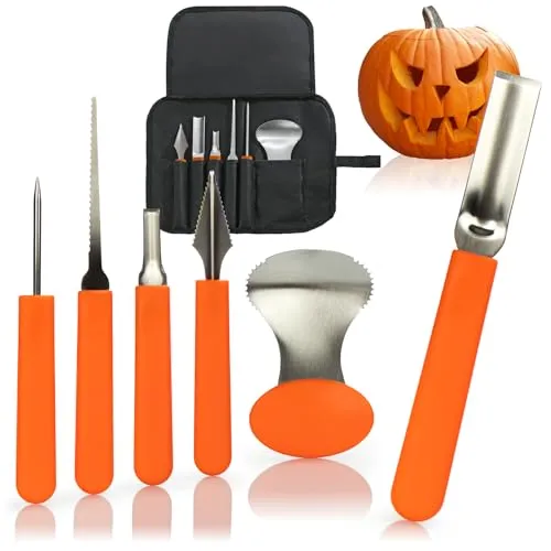 com-four® 6-teiliges Kürbis Schnitz-Set für Halloween - Grafik- & Zeichenbedarf für Halloween, komplettes Set mit Aushöhl-Löffel, Sägemesser und mehr – ideal für kreativen Familienspaß beim Kürbisschnitzen!