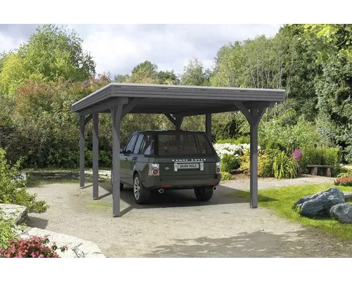 Skan Holz Carport Spessart 355 cm x 604 cm - Robuster Einzelcarport aus lasiertem Leimholz in Schiefergrau, idealer Schutz für Ihr Fahrzeug mit 220 cm Einfahrtshöhe und langlebiger Dachkonstruktion.