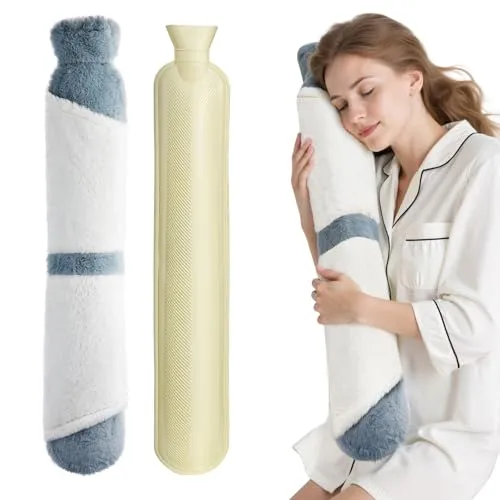 Warmwasserflasche, URBZUE Wärmflasche mit weichem Bezug, Wärmflasche lang 2L weich Hände stecken in 2 Taschen Bettflasche Gummi lange Wärmeflasche für Wärmetherapie, Nacken, Bauch, Taille