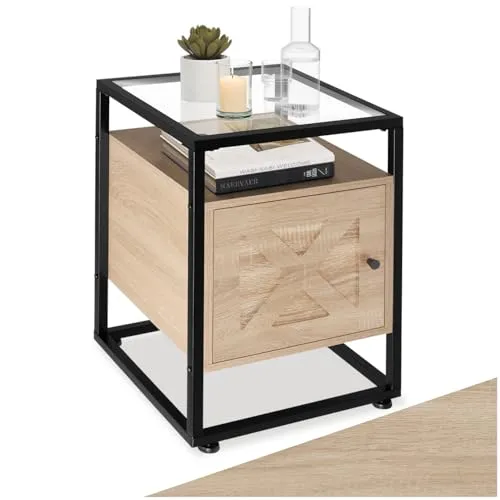 TecTake Nachttisch Kidderminster - Industrial Holz hell, Eiche Sonoma 404687 - Stylischer Nachttisch im Industrie-Stil mit stabiler Glasoberfläche und großzügigem Platzangebot. Ideal für modernes Schlafzimmer-Design.