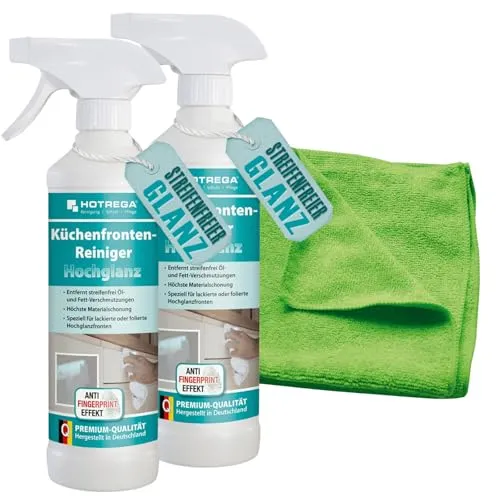 HOTREGA® Küchenfronten Reiniger für Hochglanzoberflächen 2x 500ml - Küchenreiniger für lackierte und folierte Hochglanzfronten, entfernt mühelos Fingerabdrücke und sorgt für streifenfreien Glanz. Inklusive hochwertigem Microfasertuch für optimale Reinigung.