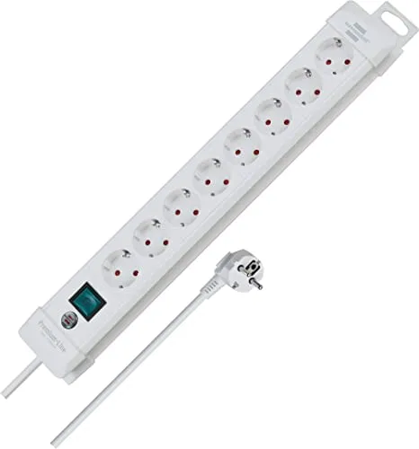 Brennenstuhl Premium-Line, Steckdosenleiste 8-Fach (Mehrfachsteckdose mit Schalter und 3m Kabel - 45° Winkel der Schutzkontakt-Steckdosen, Made in Germany) weiß