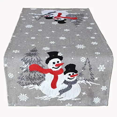 Raebel OHG , Polyester, Tischdecke Stickerei Schneemänner Mitteldecke Weihnachten Deko Weihnachtstischdecke (40 x 85 cm)