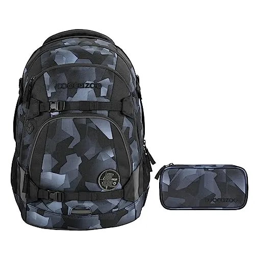 coocazoo MATE Schulrucksack-Set 2tlg inkl. Schlamperbox (Grey Rocks) - Schultaschen-Set mit 30 Litern Volumen, ergonomischem Tragekomfort und individuellem Design durch austauschbare Klett-Patches - ideal für Schule und Freizeit.