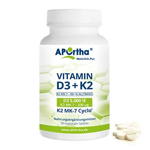 APOrtha® Vitamin D3 5.000 IE + Natto Vitamin K2 MK-7 Cyclo® - 365 vegetarische Tabletten - Nahrungsergänzungsmittel mit Vitamin D3 und K2 zur Unterstützung des Immunsystems und der Knochengesundheit - ideal für eine ganzjährige Versorgung.