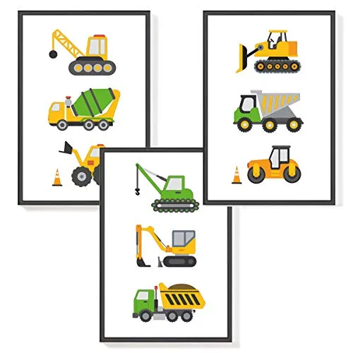 Himmelzucker Premium Wandbilder 3er set für Kinderzimmer Babyzimmer Poster DIN A4 Kinder Kinderposter Junge Mädchen Dekoration Bilder Autos Baustelle Fahrzeuge (Baustellenfahrzeuge) (A4 ohne Rahmen)