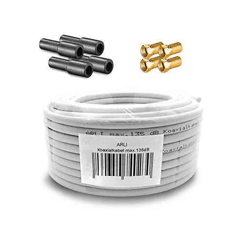 ARLI 20m Koaxialkabel – max. 135 dB 5-fach geschirmt UV-beständig + 4x vergoldete F-Stecker & 4x Gummitüllen für DVB-S DVB-T2 4K HDTV