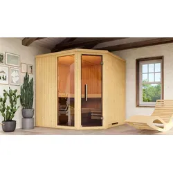 Weka Element-Ecksauna Varberg 3 Sparset 9 kW - Massivholzsauna mit platzsparendem Design und hochwertiger Premium-Ganzglastür, ideal für kleine Räume und entspannende Wellness-Oasen im eigenen Zuhause.