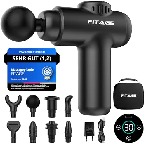 FITAGE Massagepistole, Leises Massagegerät mit 30 einstellbaren Geschwindigkeitsstufen, Massage Gun, 8 Aufsätze für Tiefengewebe, Schulter, Rücken und Ganzkörperentspannung, Massage-Pistole – Mini