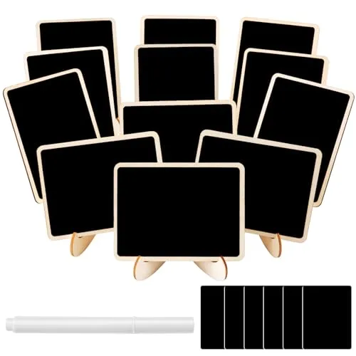 JEFURE Kreidetafel Klein mit Ständer 12 Stück, Kleine Tafel zum Buffetschilder, Preisschilder Aufsteller, Tischkärtchen, Tafel zum Beschriften, Platzkarten Hochzeit, mit Kreidemarker