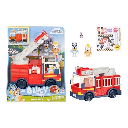 Bluey Spielset 17610 - Feuerwehrauto mit 5 Teilen - Spielfigur Spielsets mit drehbarem Feuerwehrauto, 2 beweglichen Figuren und individuellem Stickerbogen für kreativen Spielspaß.