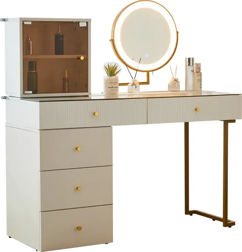 Schminktisch-Set mit LED-beleuchtetem Spiegel,weiß(ohne Hocker) transparenter Tischplatte aus gehärtetem Glas, Schminktisch-Seite und Schrank