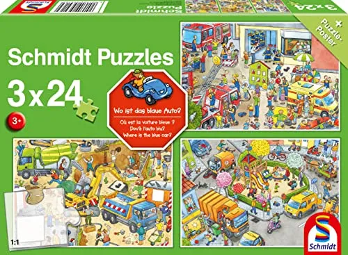 Schmidt Spiele 56416 Wo ist das Blaue Auto-3x24 Teile Kinderpuzzle, bunt