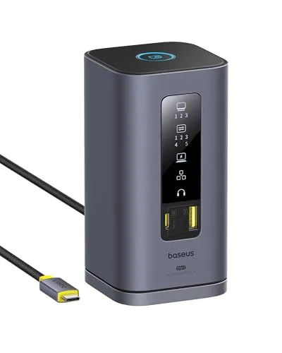 Baseus Spacemate 11-in-1 USB C Docking Station - Vielseitige Laptop-Dockingstation mit 11 Anschlüssen, inklusive 3 Monitoren in 4K, 10Gbps USB-C/A, 100W PD und Ethernet. Ideal für M1/M2/M3 MacBooks und Windows-Laptops zur Steigerung der Produktivität.