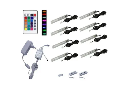 QLS LED RGB 8 Set Glasbodenbeleuchtung - LED Streifen mit 8 hochwertigen RGB Lichtleisten, fernbedienbar und in 16 Farben dimmbar – ideal für stilvolle Präsentationen in Wohnräumen oder Vitrinen.