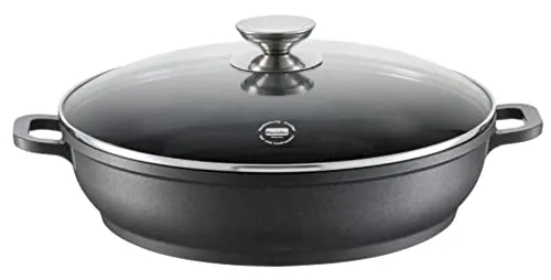 Berndes Vario Click Induction Servierpfanne 32 cm - Pfanne aus hochwertigem Aluguss mit 6 mm starkem Induktionsboden für optimale Hitzeverteilung. Ideal für gesundes Braten, 100% PFOA-frei und mit abnehmbaren Griff für einfache Reinigung und Backofengeeignet.