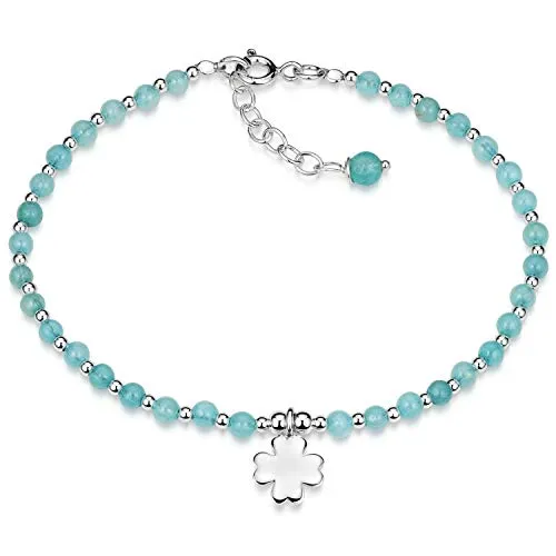 Materia Achat Armband blau Damen Silber 925 Kleeblatt - Armband für Damen mit Glücksbringer-Kleeblatt aus 925 Sterling Silber und hellblauen Achat-Perlen, verstellbar von 17,5 bis 20 cm, ideal für besonderen Anlass.