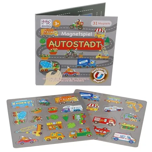 MAGNIKON Spiel Magnetspiel Fahrzeuge Autofahrt Beschäftigung für Kinder ab 3 Jahren, Magnetspiel Fahrzeuge, 32 Puzzle Magnete