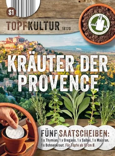 Saatscheiben Kräuter der Provence, 5 Stk, 8 cm Durchmesser, 10g, Anzucht Samen-Set auf der Fensterbank oder dem Balkon, Thymian, Salbei, Majoran, Bohnenkraut, Oregano