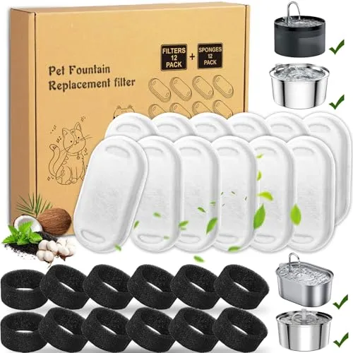 Amzeeniu Katzenbrunnen Filter,24Stück filter katzenbrunnen,Ersatzfilter Für Trinkbrunnen,12 Kohlefilter Und 12 Schaumfilter,Für Edelstahl Trinkbrunnen Für Katzen Und Hunde,katzenbrunnen für katzen