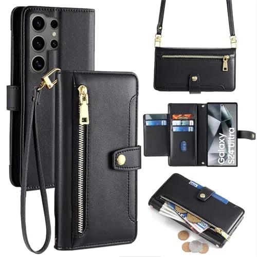 Handykette kompatibel mit Samsung Galaxy S24 Ultra | Leder Handyhülle mit Kartenfächern | Handyhülle zum Umhängen | Schwarz