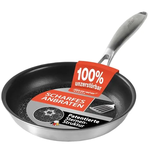 Silverstar Edelstahlpfanne 20 cm - Pfanne für alle Herdarten mit kratzfester Antihaftbeschichtung, ideal zum scharfen Anbraten von Fleisch und leicht zu reinigen.