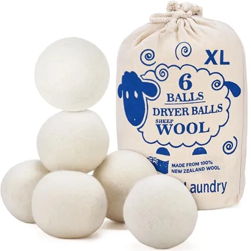 HANDY LAUNDRY Sheep Wool Dryer Balls Pack of 6 Premium 100% Natural XL Fabric Softener Reusable, Saves Drying Time
