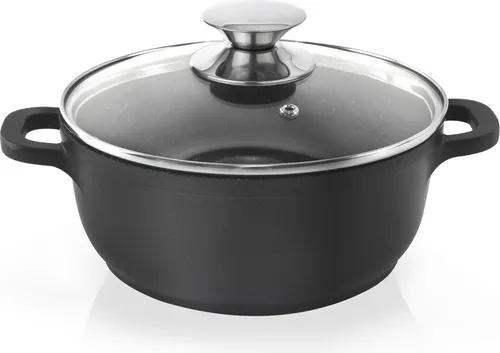 ORION Aluguss Kochtopf mit Glasdeckel GRANIT 24 cm - Kochtopf für alle Herdarten, inkl. Induktion. Mit spezieller Granitbeschichtung für fettfreies Kochen und hervorragende Wärmeleitung. Spülmaschinengeeignet und backofenfest bis 200 °C.