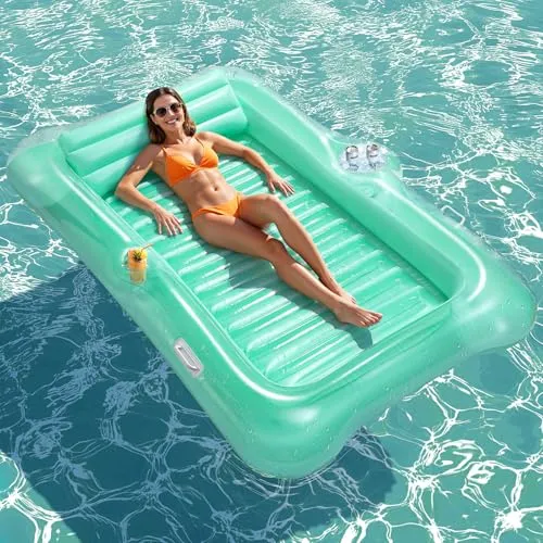 HeySplash Aufblasbar Pool Luftmatratze, Groß Pool Wasserhängematte Boot Erwachsene mit Becherhalter & Abnehmbar Kissen, Solarium Pool Loungesessel Float für See Fluss Sommer, Kristallklar Grün
