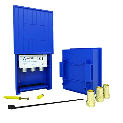 Anadol 2/1 DiseqC Schalter 2.0, Switch für Satellitenschüssel, für Empfang von 2 Satelliten für 1 Teilnehmer, Wetterschutzgehäuse, HDTV, LNB Umschalter + 3X FStecker + Kabelbinder + Dübel Schrauben