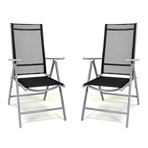 Nexos 2er Set Klappstuhl schwarz Aluminium 7-Fach-verstellbar Gartenstuhl mit Armlehne witterungsbeständig stabil leicht Hochlehner Rahmen Silber Terrasse Balkon