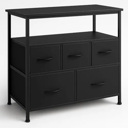 DUMOS Kommode mit 5 Schubladen - Multifunktionsmöbel für Schlafzimmer und Wohnzimmer - Kommoden & Sideboards: Robuster Kommodenschrank mit stabilem Stahlrahmen, ideal als TV-Ständer oder Nachttisch, bietet großen Stauraum und einfache Montage.