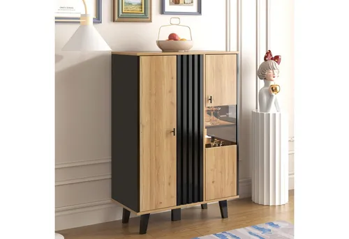 STILVORA Sideboard mit Glas & LED-Beleuchtung, Schwarz & Holzfarbe