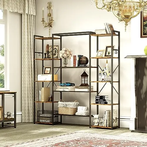 YITAHOME Bücherregal, Industrielles Bücherregal mit 13 Fächern Standregal Holzregal und Metallrahmen Bücherregal, Display Aufbewahrungsregal für Wohnzimmer, Home Office, Vintagebraun